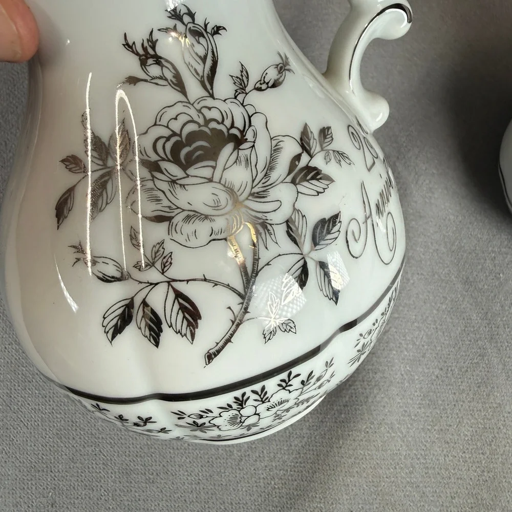 Napco 25th Anniversary Pitcher Set Unisex Small White Silver Vintage Rose AB-185